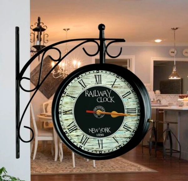 Keeratly Vintage Railway Clock Two Side Metal Wall Clock (Clock - 8 Inch) -  Free Size,  Black, Metal,  Station Watch, Pack of1